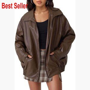 Oversized Faux Leather Motorcycle Jacket with Zipper Closure